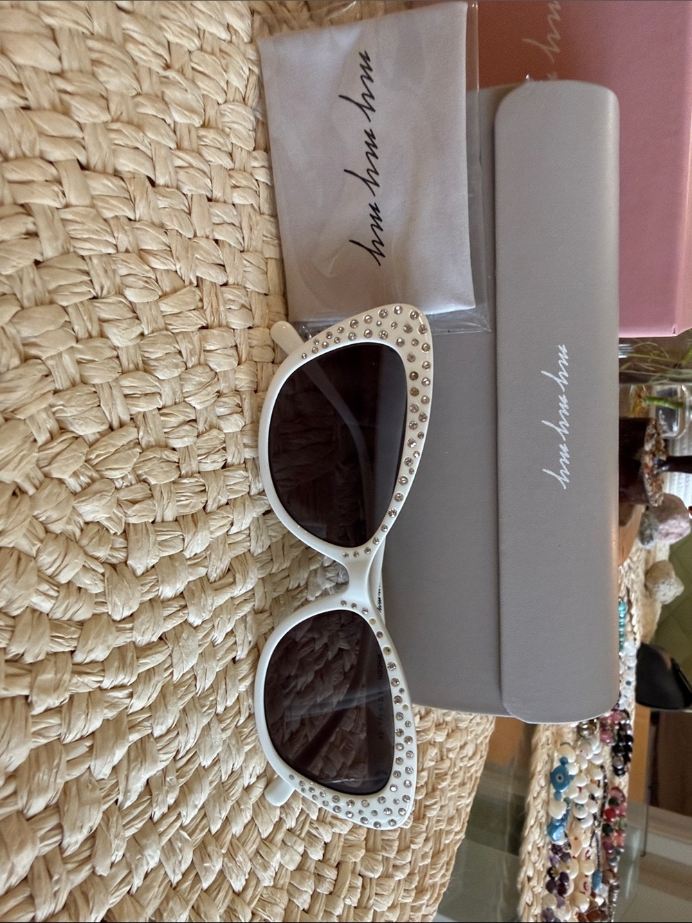 White Crystal-Embellished Cat-Eye Sunglasses - Women's